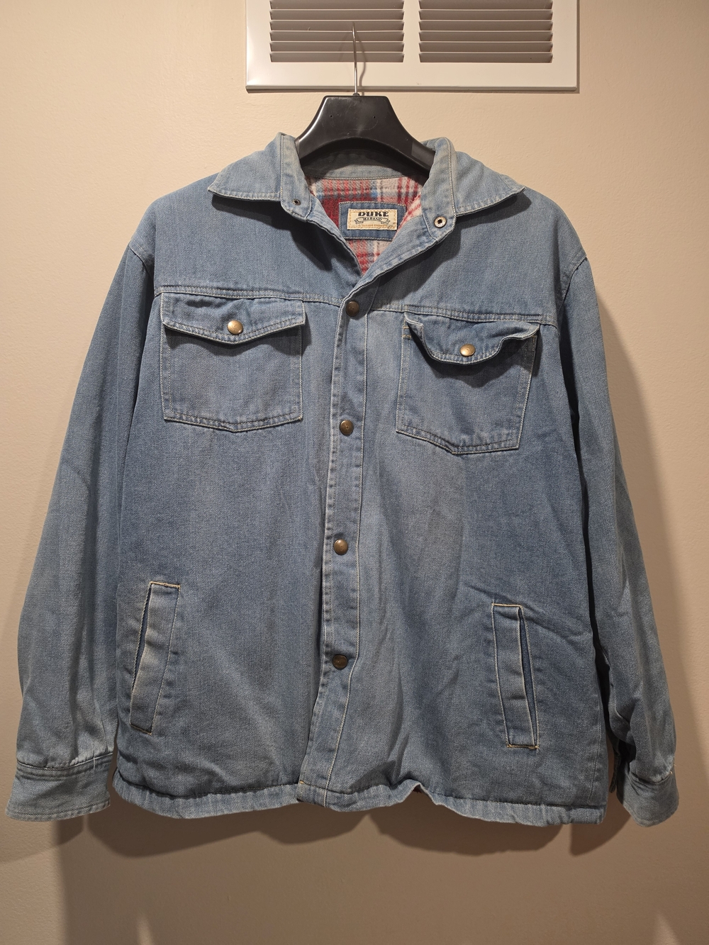 Vintage Duke Haband Plaid Lined Denim Barn Chore Jacket Mens Large Distressed